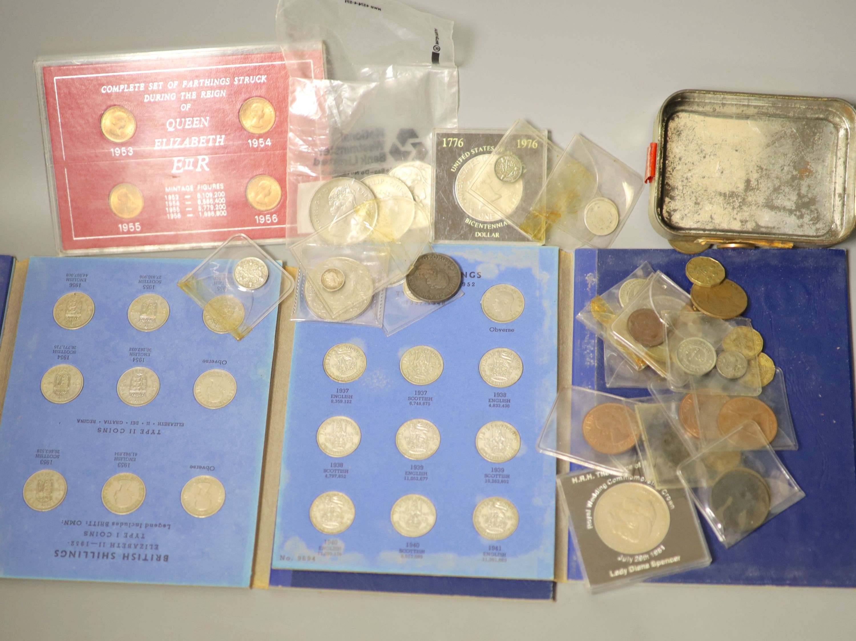 A collection of Queen Elizabeth II coin year sets, 1970-1976, a George V 1928 part maundy set, 1d, 2d and 4d, various Crowns, threepences etc.